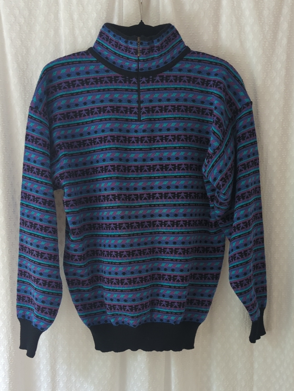 Vintage 80's Demetre Purple Teal Zip Mock Neck Wool Blend Sweater Women's Large